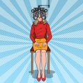 Pop Art Woman Patient at Optometric Clinic with Optical Phoropter. Eye Diagnostics Royalty Free Stock Photo