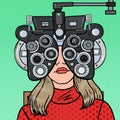 Pop Art Woman Patient at Optometric Clinic with Optical Phoropter. Eye Exam Royalty Free Stock Photo