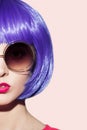 Pop Art Woman Portrait Wearing Purple Wig. Royalty Free Stock Photo