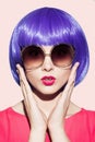 Pop Art Woman Portrait Wearing Purple Wig. Royalty Free Stock Photo