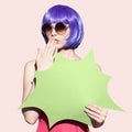 Pop Art Woman Portrait Wearing Purple Wig And Sunglasses. Royalty Free Stock Photo