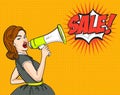 Pop Art. Woman, SALE, discounts, sign. vector illustration.