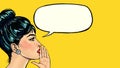 Pop art woman says something with speech bubble. Lady announcing discount or sale. Shopping time. Gossip woman Royalty Free Stock Photo