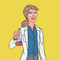 Pop Art Woman Scientist with Flask. Female Laboratory Researcher. Chemistry Pharmacology Concept