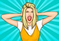 Pop art woman shout close ears with hands hysteria Royalty Free Stock Photo