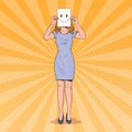 Pop Art Woman with Smiley Emoticon on Paper Sheet. Happy Girl Holding a Smiling Face Emoticon Royalty Free Stock Photo