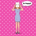 Pop Art Woman with Smiley Emoticon on Paper Sheet. Happy Girl Holding a Smiling Face Emoticon Royalty Free Stock Photo