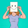 Pop Art Woman with Smiley Emoticon on Paper Sheet. Happy Girl Holding a Smiling Face Emoticon