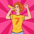 Pop Art Woman Soccer Fan with Horn Supporting her Favorite Team. Football Supporter with Vuvuzela