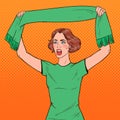 Pop Art Woman Soccer Fan with Scarf of her Favorite Team. Football Supporter