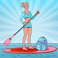 Pop Art Woman on the Stand Up Paddle Board. Girl in Swimsuit on SUP Royalty Free Stock Photo