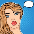 Pop art woman thinking face with text cloud in retro style Royalty Free Stock Photo