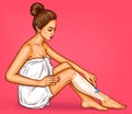 Pop art woman in a white bath towel shaves her legs with a safety razor