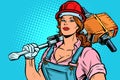 Pop art women road worker Builder with jackhammer