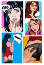 Pop art women set. Illustrations for comic books with retro girl. Royalty Free Stock Photo