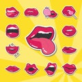 Pop art women sexy mouth and lips yellow background line and fill icon