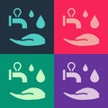 Pop art Wudhu icon isolated on color background. Muslim man doing ablution. Vector