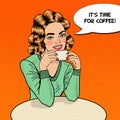 Pop Art Young Beautiful Woman Drinking Coffee in Cafe Royalty Free Stock Photo