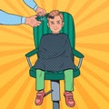 Pop Art Young Boy Getting a Haircut. Kid in Barber Shop. Hairdresser Cutting Child Hair