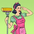 Pop Art Young Confident Housewife Woman Cleaning House with Mop