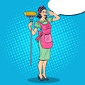 Pop Art Young Confident Housewife Woman Cleaning House with Mop Royalty Free Stock Photo