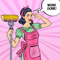 Pop Art Young Confident Housewife Woman Cleaning House with Mop Royalty Free Stock Photo