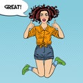 Pop Art Young Excited Woman Jumping and Gesturing Great Thumbs Up with Comic Speech Bubble Great