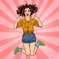 Pop Art Young Excited Woman Jumping and Gesturing Great Thumbs Up