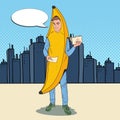 Pop Art Young Male Promoter with Advertising Flyers. Man in Banana Costume. Teenage Cheerful Guy Promoting Something