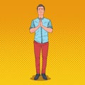 Pop Art Young Man Praying with Smile. Happy Male Prayer Royalty Free Stock Photo