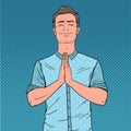 Pop Art Young Man Praying with Smile. Happy Male Prayer Royalty Free Stock Photo