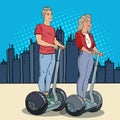 Pop Art Young Man and Woman Riding Segway. Happy Couple Driving Urban Transport