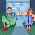 Pop Art Young Man and Woman Traveling by Train and Reading Books. Summer Vacations
