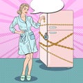 Pop Art Young Woman on Diet with Fridge Chain and Lock