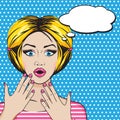 Pop art young woman face with open mouth and big staring yeys. Blonde surprised retro woman in comic style. Vector illustration Royalty Free Stock Photo