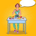 Pop Art Young Woman Making Smoothie in Blender with Fresh Fruits. Healthy Eating