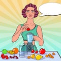 Pop Art Young Woman Making Smoothie with Fresh Fruits. Healthy Eating. Dieting Vegeterian Food Concept