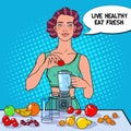 Pop Art Young Woman Making Smoothie with Fresh Fruits. Healthy Eating. Dieting Vegeterian Food