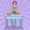 Pop Art Young Woman Making Smoothie with Fresh Fruits. Healthy Eating