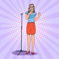 Pop Art Young Woman with Microphone. Female Singer. Speaker on Presentation Royalty Free Stock Photo