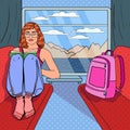 Pop Art Young Woman Reading Book in Train. Time to Travel