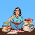 Pop Art Young Woman Sitting on the Library Table and Reading Book with Hand Sign Thumb Up