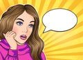 Pop art young woman thinking with speech bubble for text in retro style Royalty Free Stock Photo