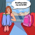 Pop Art Young Woman Travel by Train and Reading Book