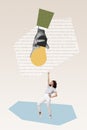 Pop collage image picture poster of excited positive woman pointing finger light bulb think incredible work study idea