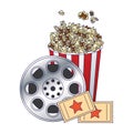 Pop corn bowl with film reel and movie tickets, colorful design