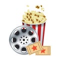 Pop corn bowl with film reel and movie tickets