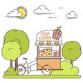 Pop corn cart on wheels. Sweet snack food kiosk in public park . Vector illustration. Flat line art. Royalty Free Stock Photo