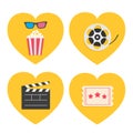 Pop corn heart icon set. 3D glasses. Movie reel. Open clapper board. Popcorn box package. Ticket Admit one. Three star. I love Royalty Free Stock Photo