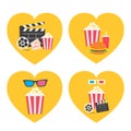 Pop corn icon heart set. Movie reel. 3D glasses. Open clapper board Popcorn box package Ticket Admit one. Three star. Hamburger